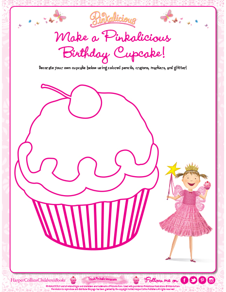 Decorate a pinkalicious birthday cupcake coloring page