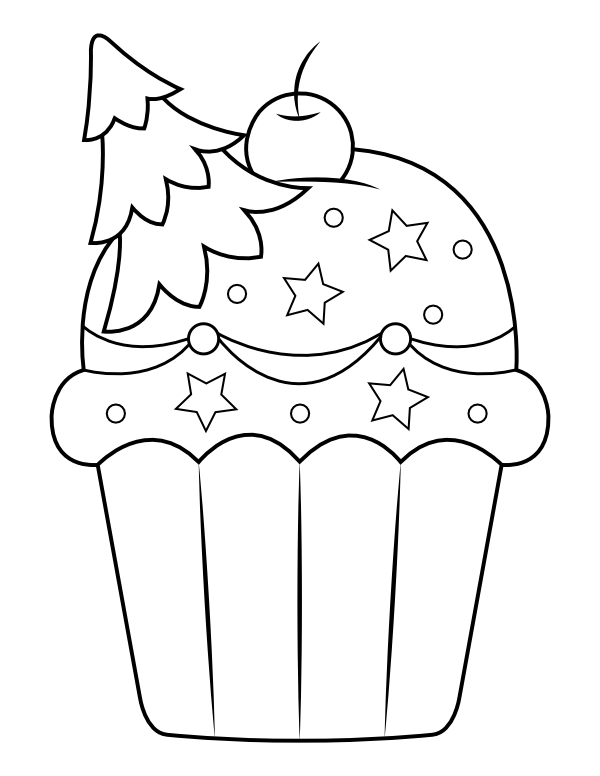 Printable christmas tree cupcake coloring page