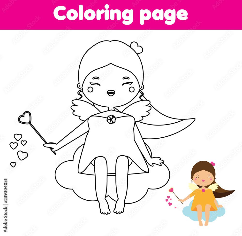 Coloring page educational children game color christmas valentines day cupid angel drawing kids printable activity vector