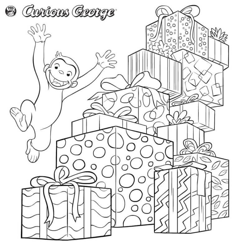 Curious george with gift boxes coloring page