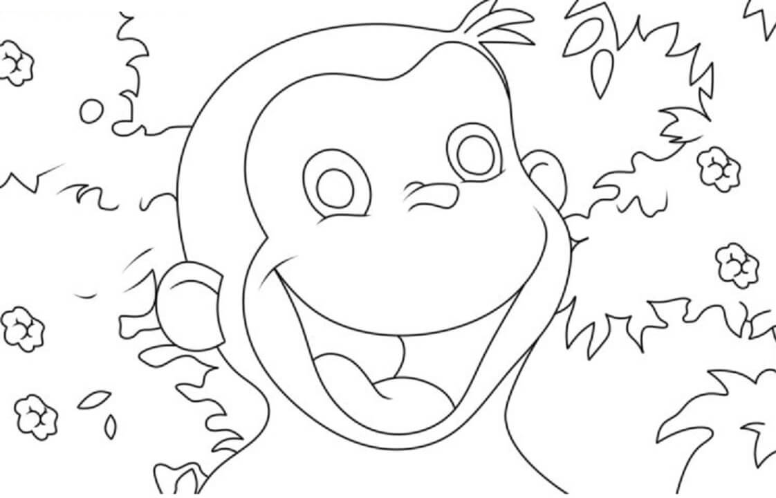 Happy curious george with tree coloring page