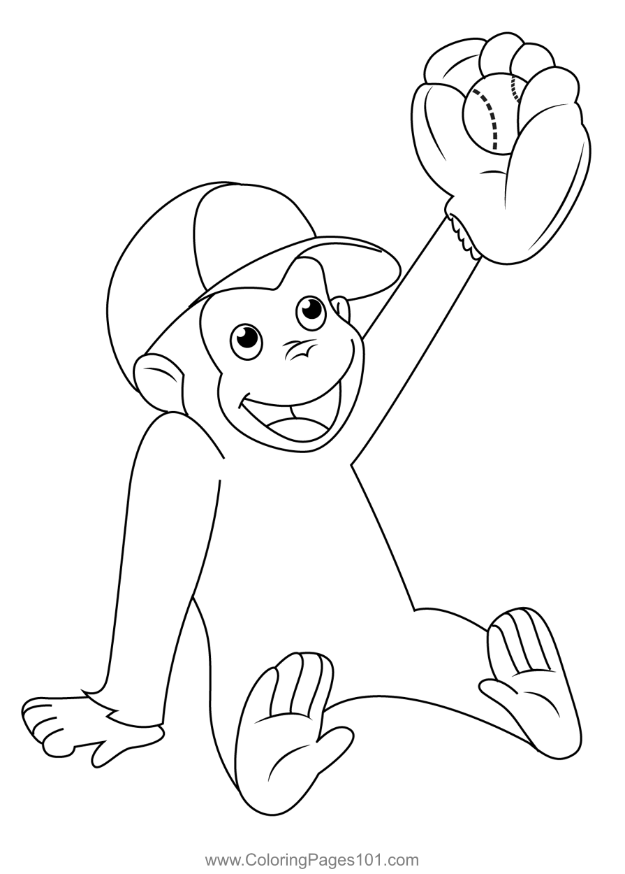 Curious george playing baseball coloring page for kids