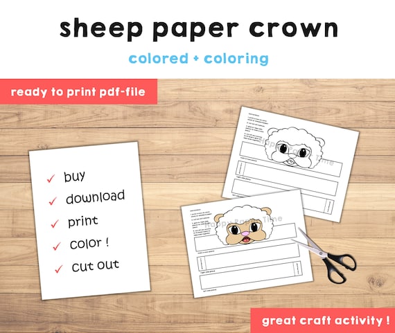 Sheep paper crown template coloring activity printable kids craft farm animal birthday party favor costume diy instant download