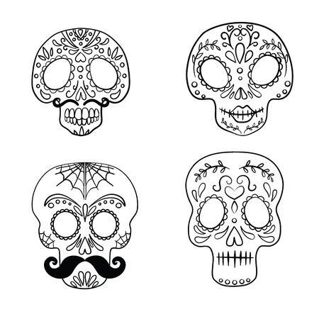 Black and white mexican sugar skull coloring page line art set