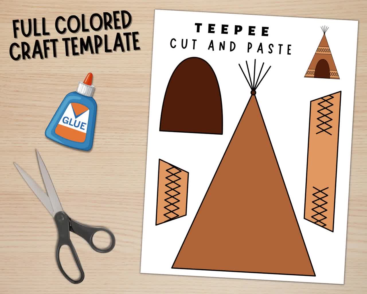 Printable teepee craft native american day craft activity thanksgiving activities color cut and paste paper teepee pdf download now