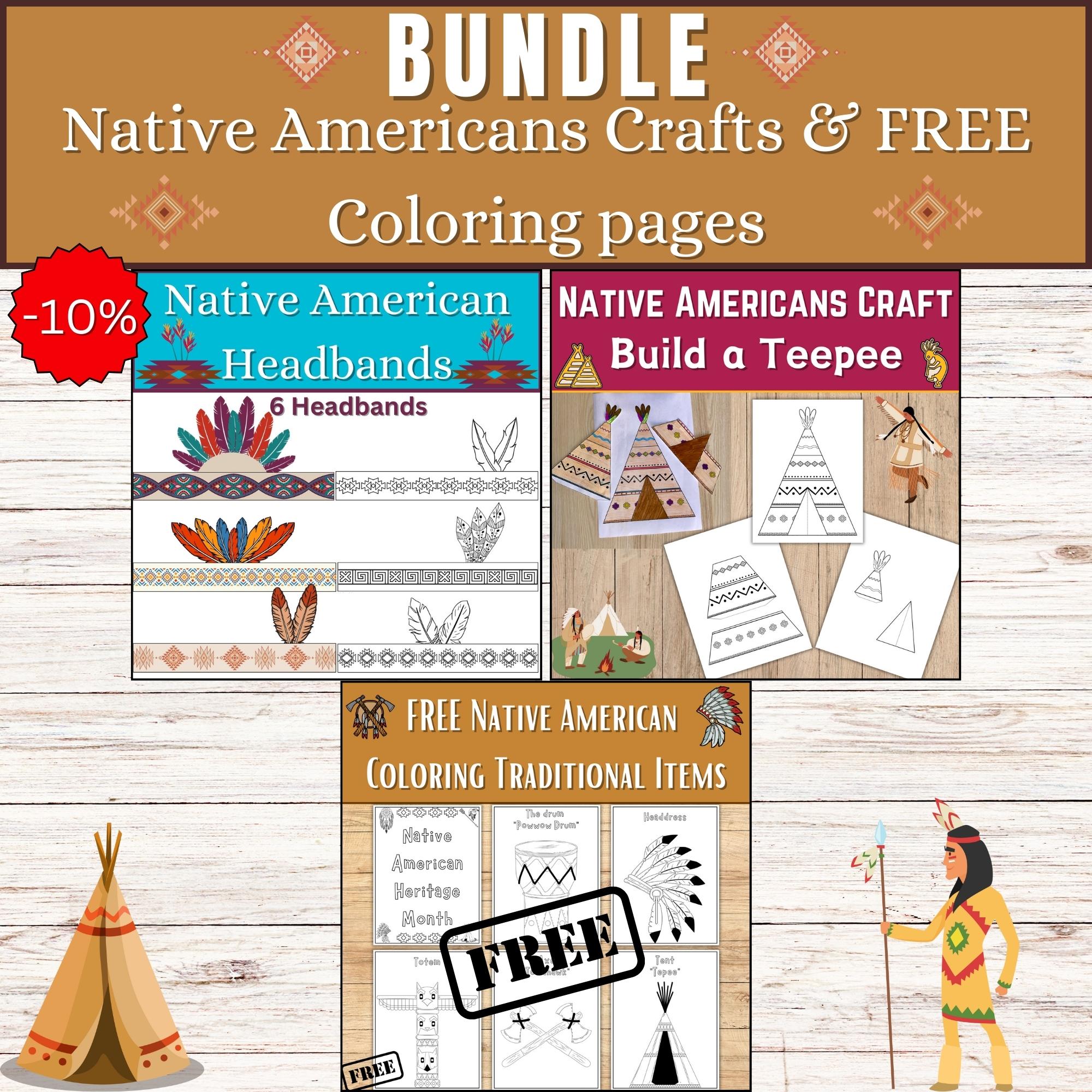 Bundle native americans headbandcrownfeather build a d teepeetipi crafts free native coloring made by teachers