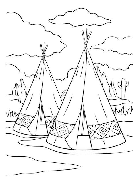 Premium vector native american indian tepee coloring page