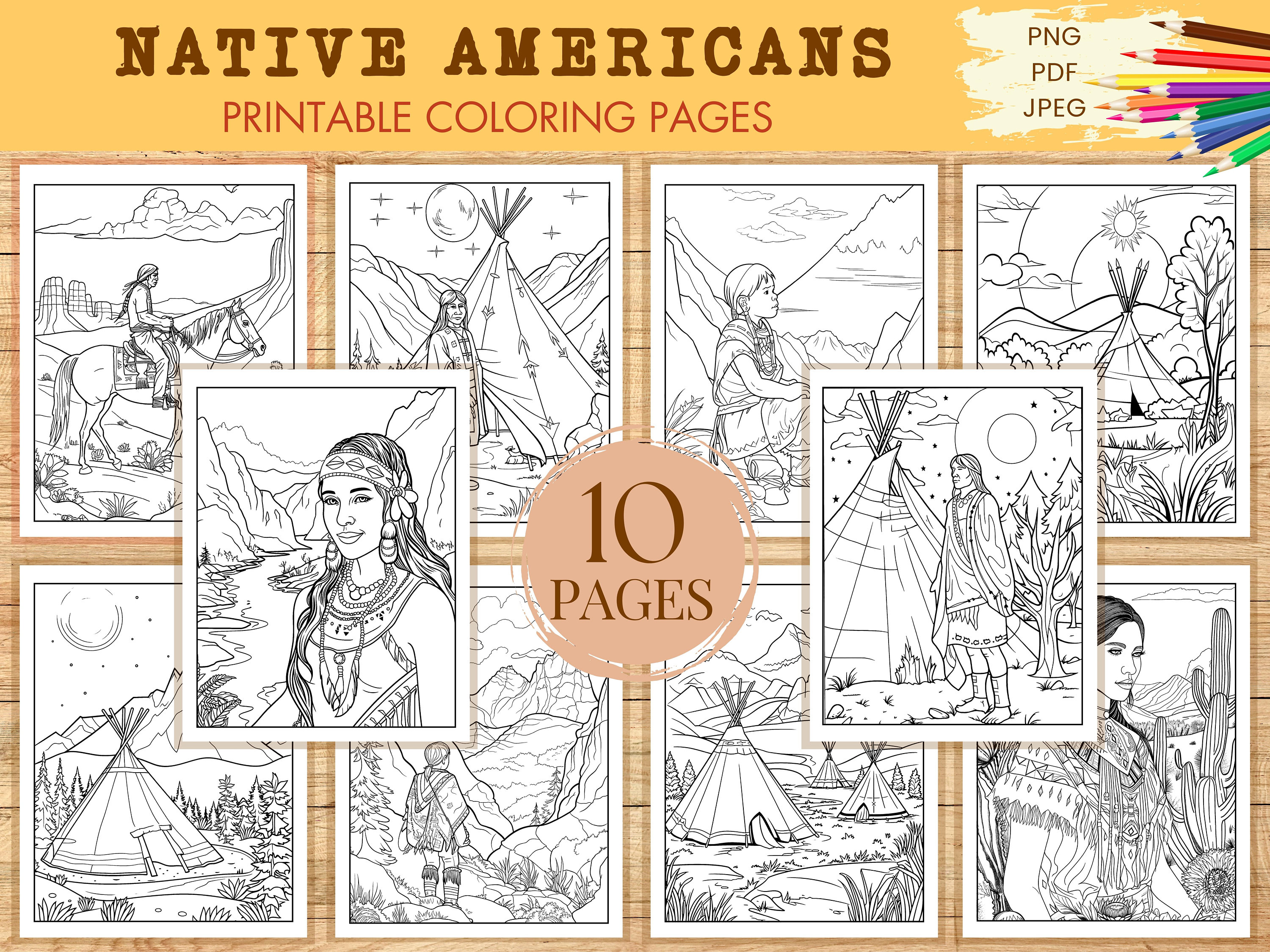 Native americans coloring pages scene landscape people teepee printable pages for adults pdf jpeg png digital download