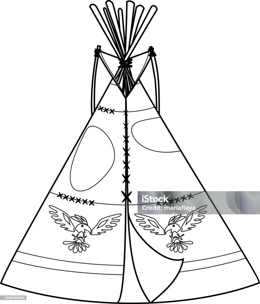 Coloring page with cartoon teepee traditional indian dwelling stock illustration