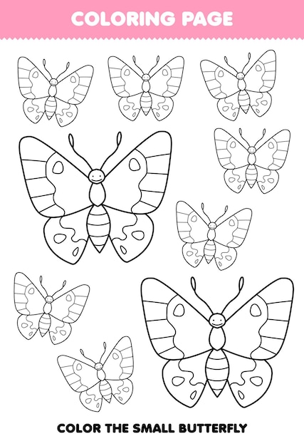 Premium vector education game for children coloring page big or small picture of cute cartoon butterfly line art printable bug worksheet