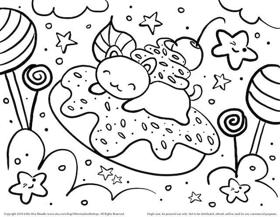 Sweet dreams kitty doodle printable cute kawaii coloring page for kids and adults