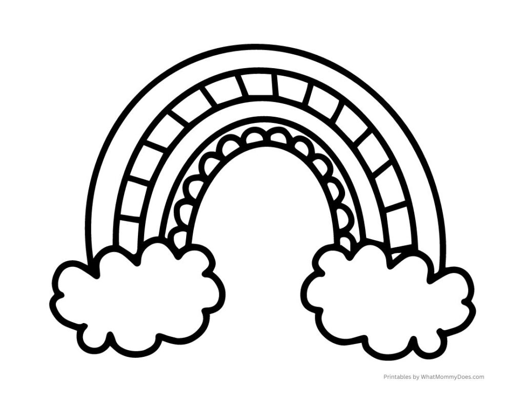 Beautiful rainbow coloring page with clouds free to print