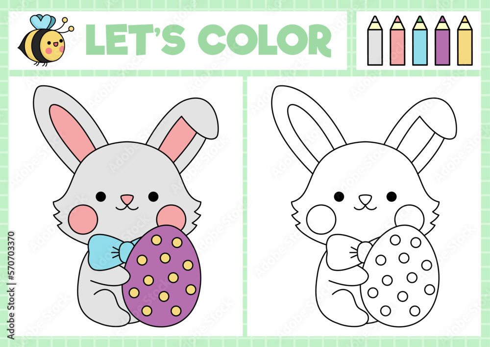 Easter coloring page for children with cute kawaii bunny holding egg vector spring holiday outline illustration color book for kids with colored example drawing skills printable worksheet vector