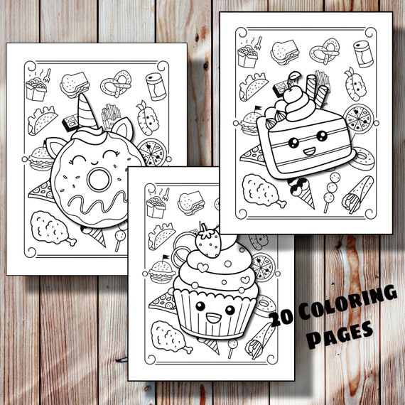 Cute kawaii food coloring pages pack printable instant download digital download coloring for adults and kids