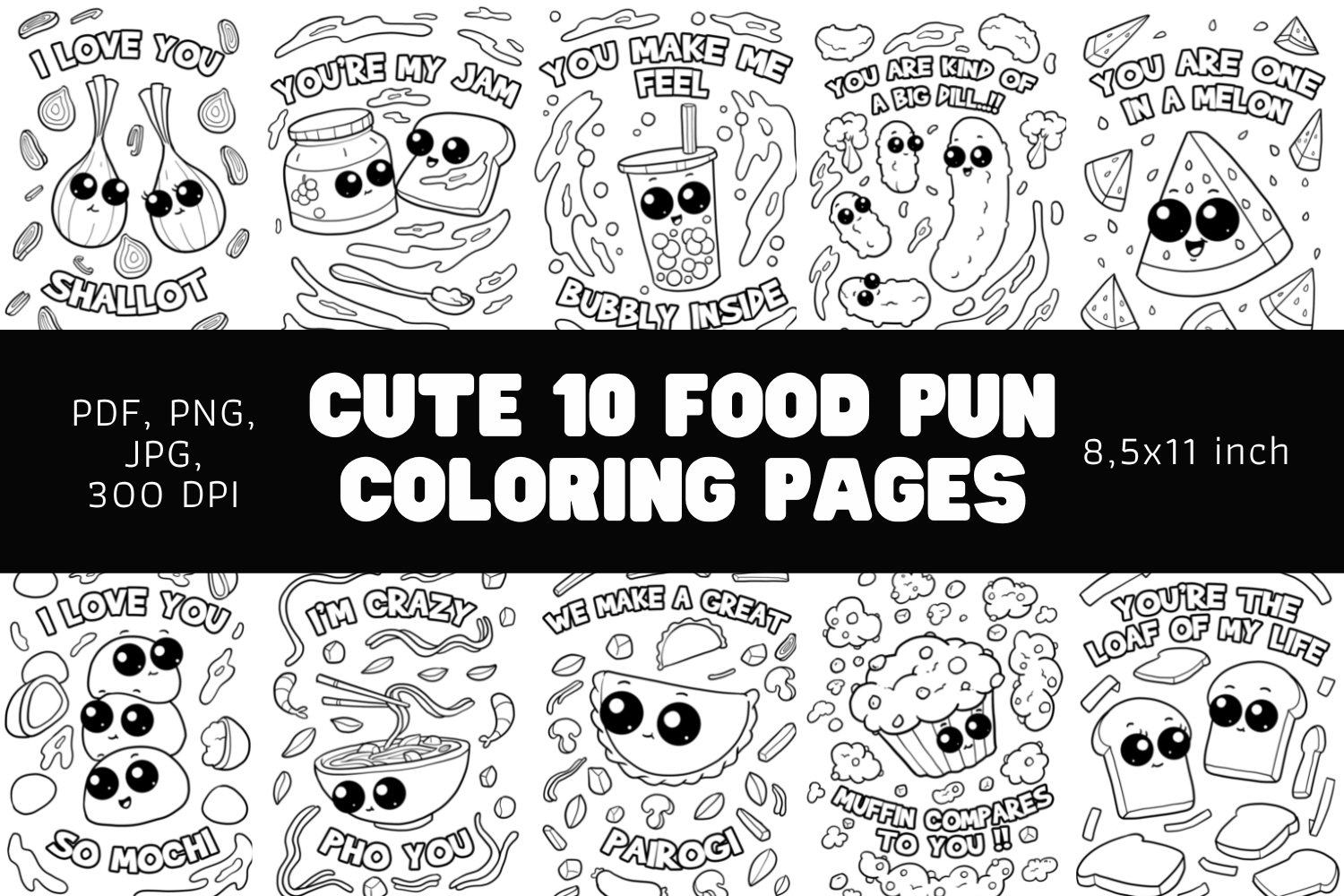 Cute food pun coloring pages bundle