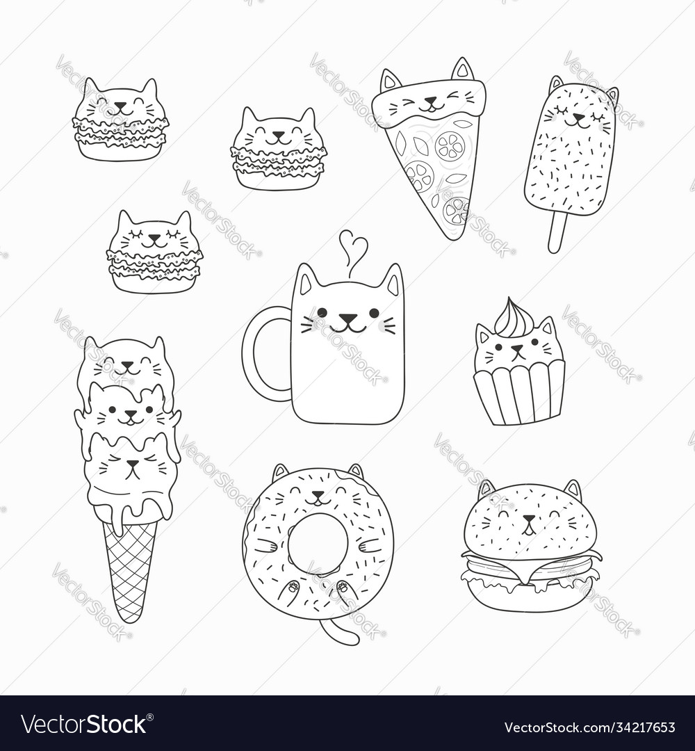 Kawaii cats food coloring pages royalty free vector image