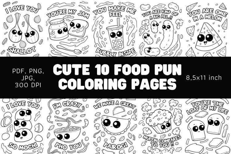 Cute food pun coloring pages bundle