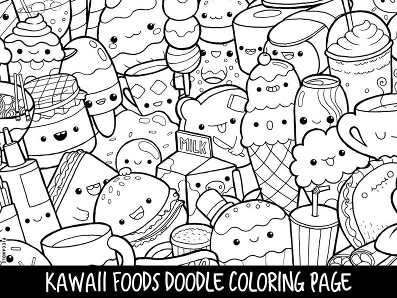 Foods doodle coloring page printable cutekawaii coloring