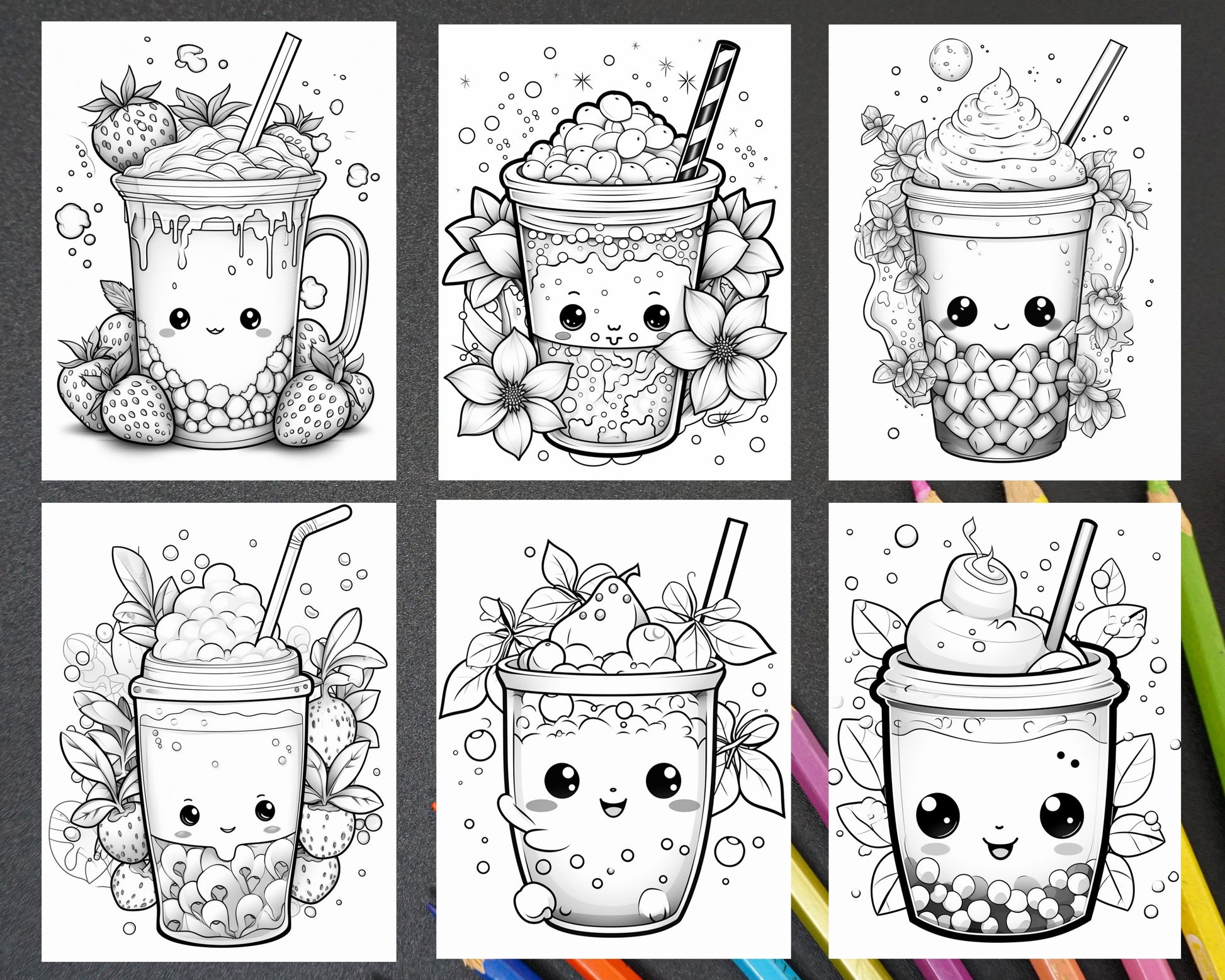 Cute kawaii boba tea grayscale coloring pages for adults and kids â coloring