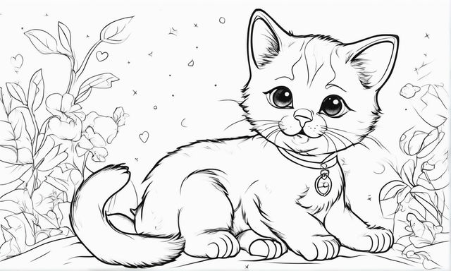 Cute kitten coloring page black and white drawing