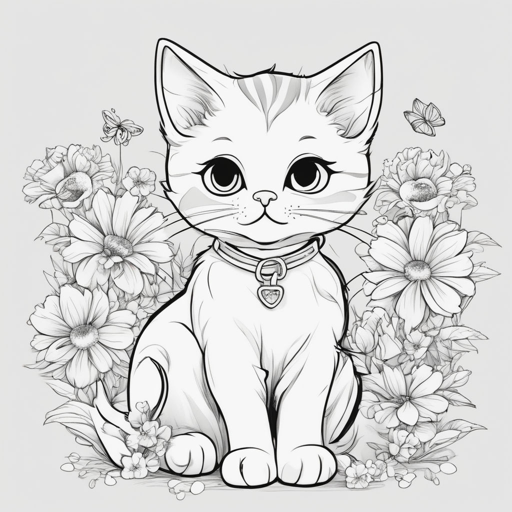 Cute kitten coloring page black and white drawing