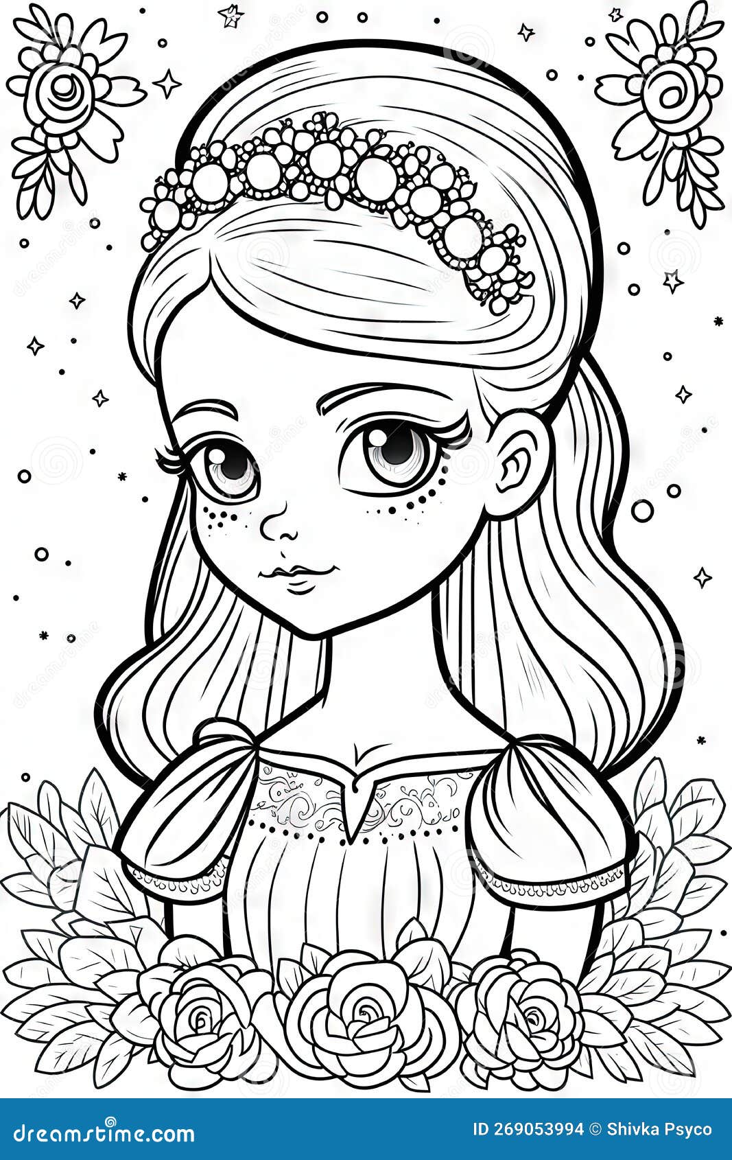 Princess coloring page for adults simple cute generative art stock illustration