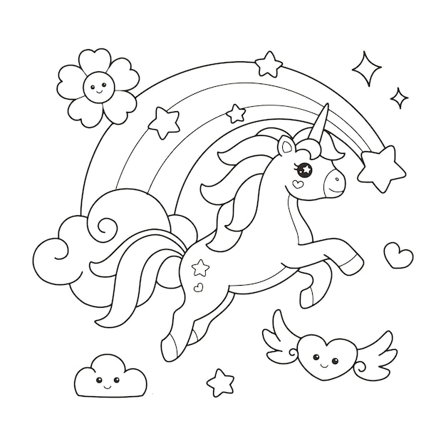 Premium vector cute unicorn jumping over the rainbow drawing coloring page