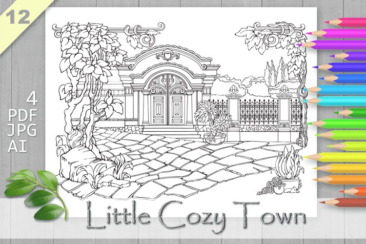 Cozy town coloring page printable aesthetic