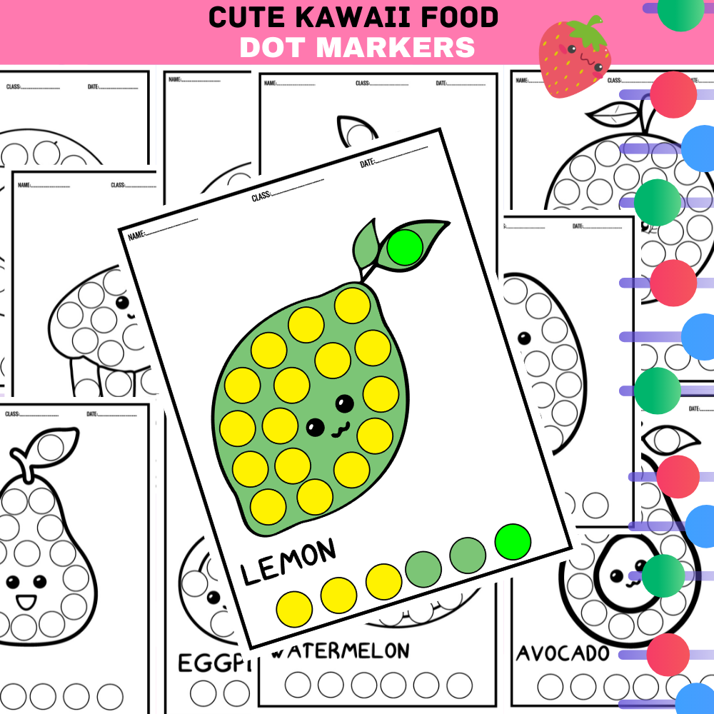 Cute kawaii food dot markers coloring pages bingo daubers fruit vegetable made by teachers