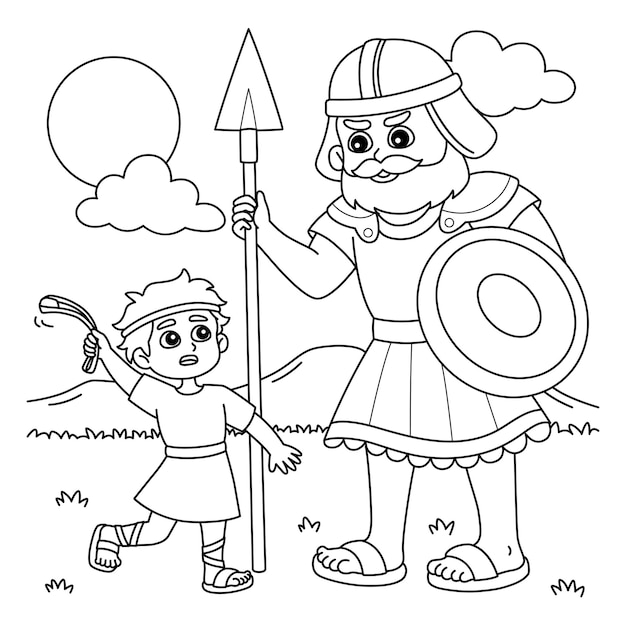 Premium vector christian david and goliath coloring page for kids