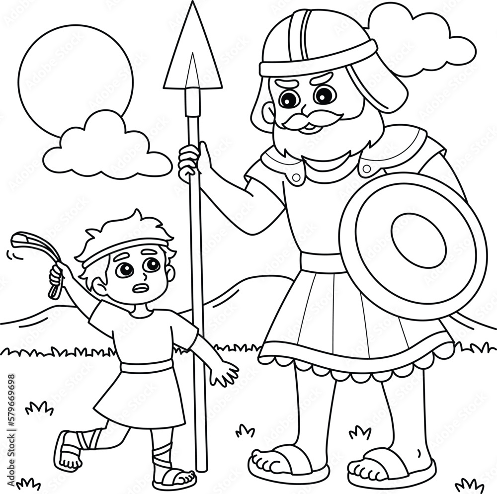 David and goliath coloring page for kids vector