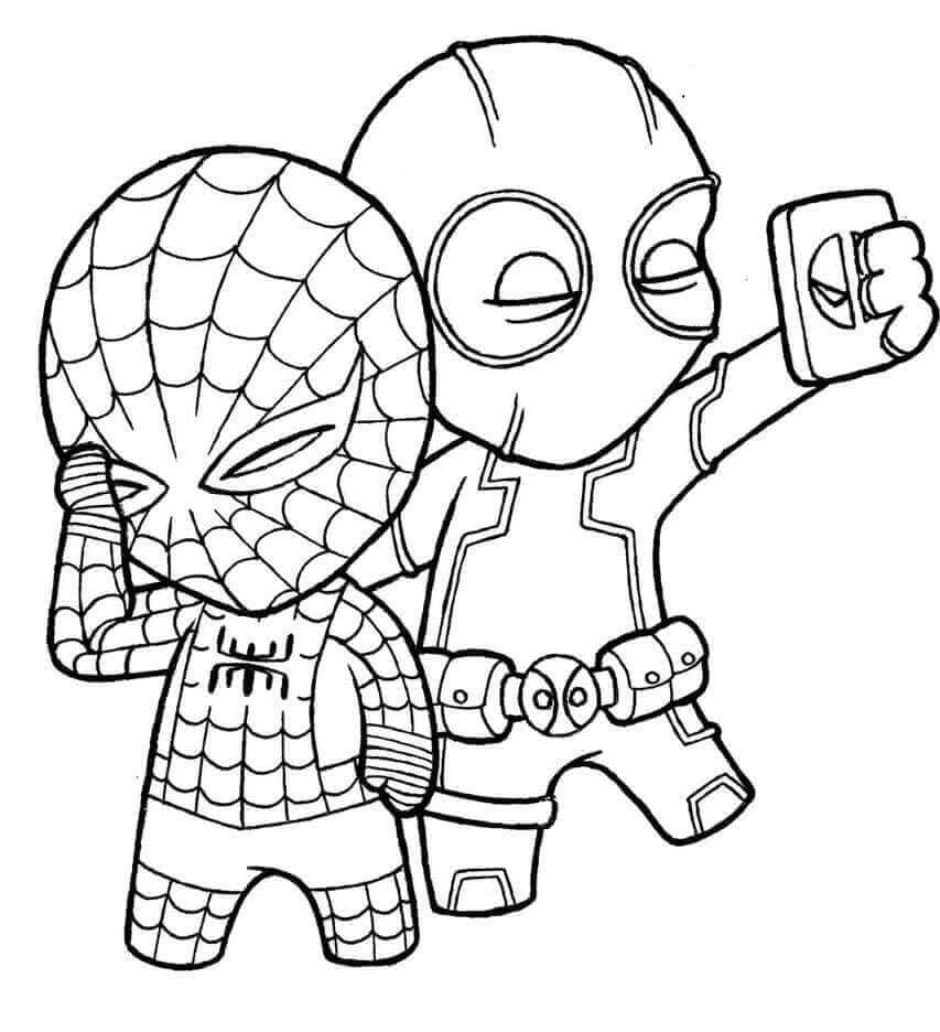 Chibi spiderman and deadpool coloring page