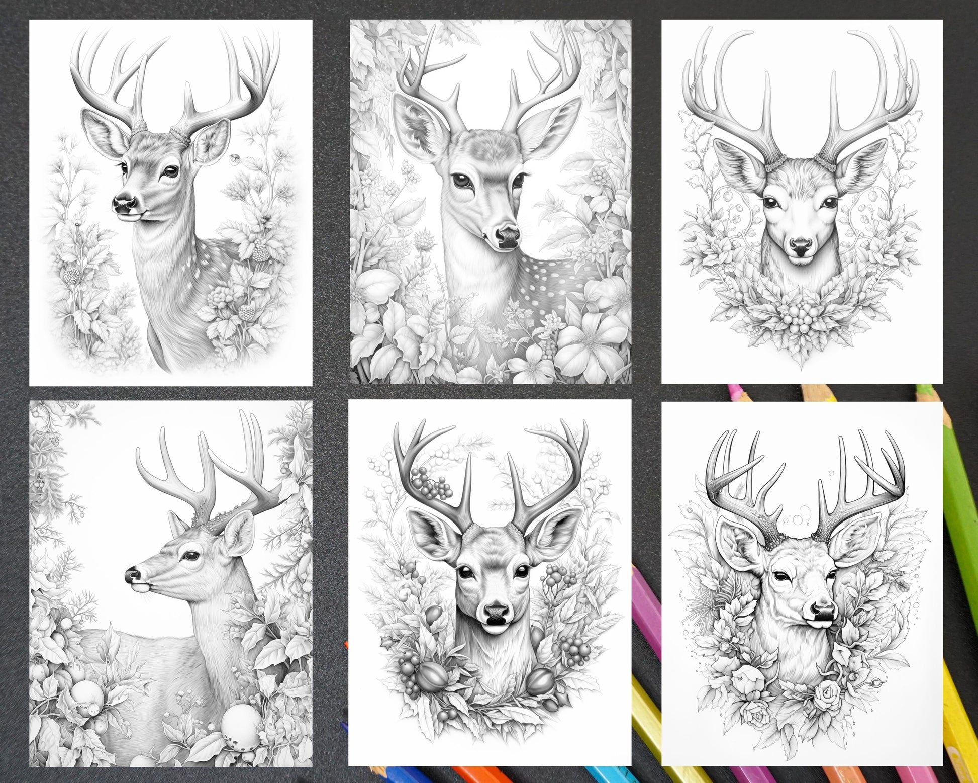 Christmas deer grayscale coloring pages for adults printable pdf i â coloring