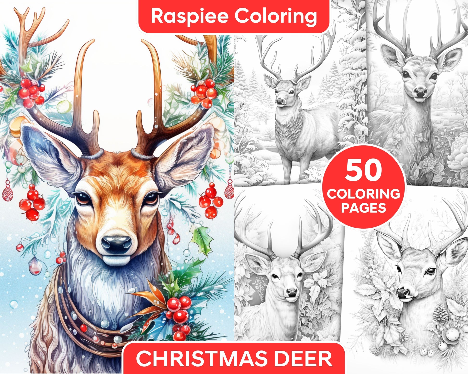 Christmas deer grayscale coloring pages for adults printable pdf i â coloring