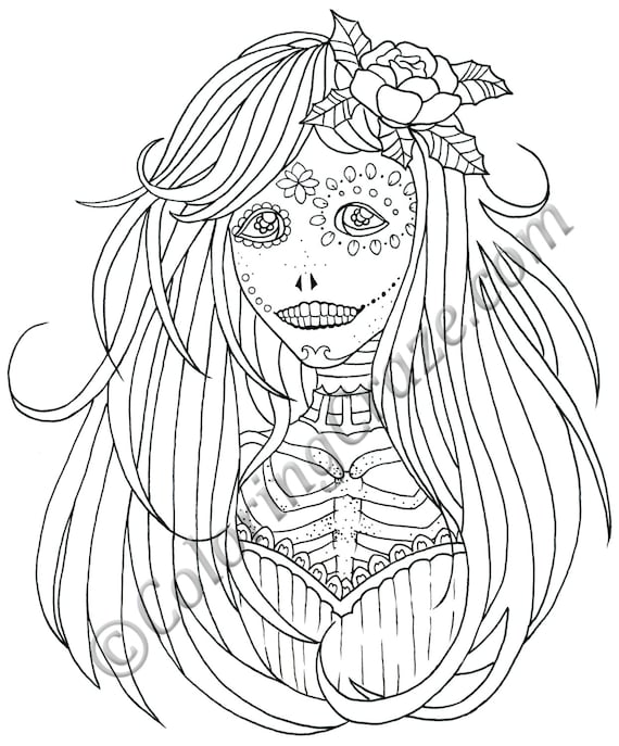 Day of the dead coloring page digital printable pdf illustration dia de los muertos art adult coloring books death lady catrina download now