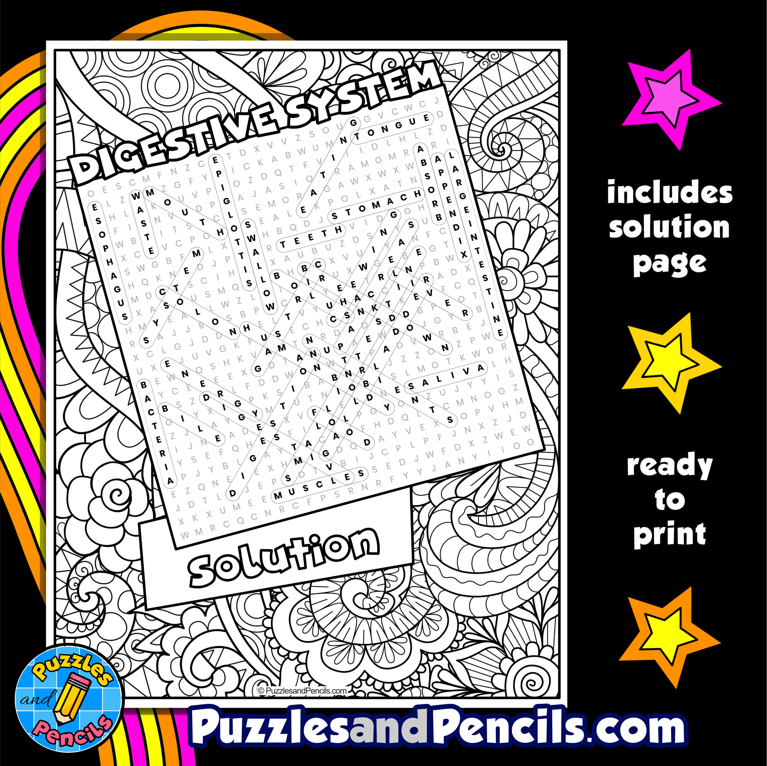 Digestive system word search puzzle with coloring human body systems wordsearch made by teachers