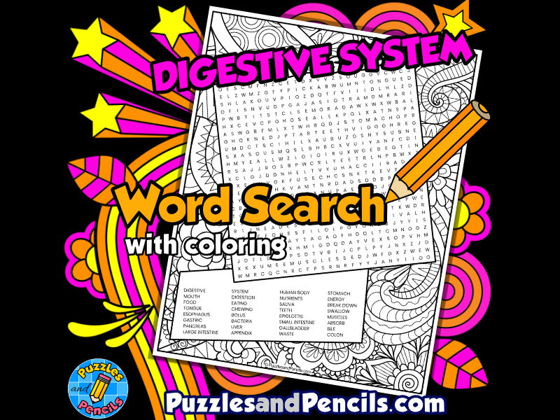 Digestive system word search puzzle with colouring human body systems wordsearch teaching resources