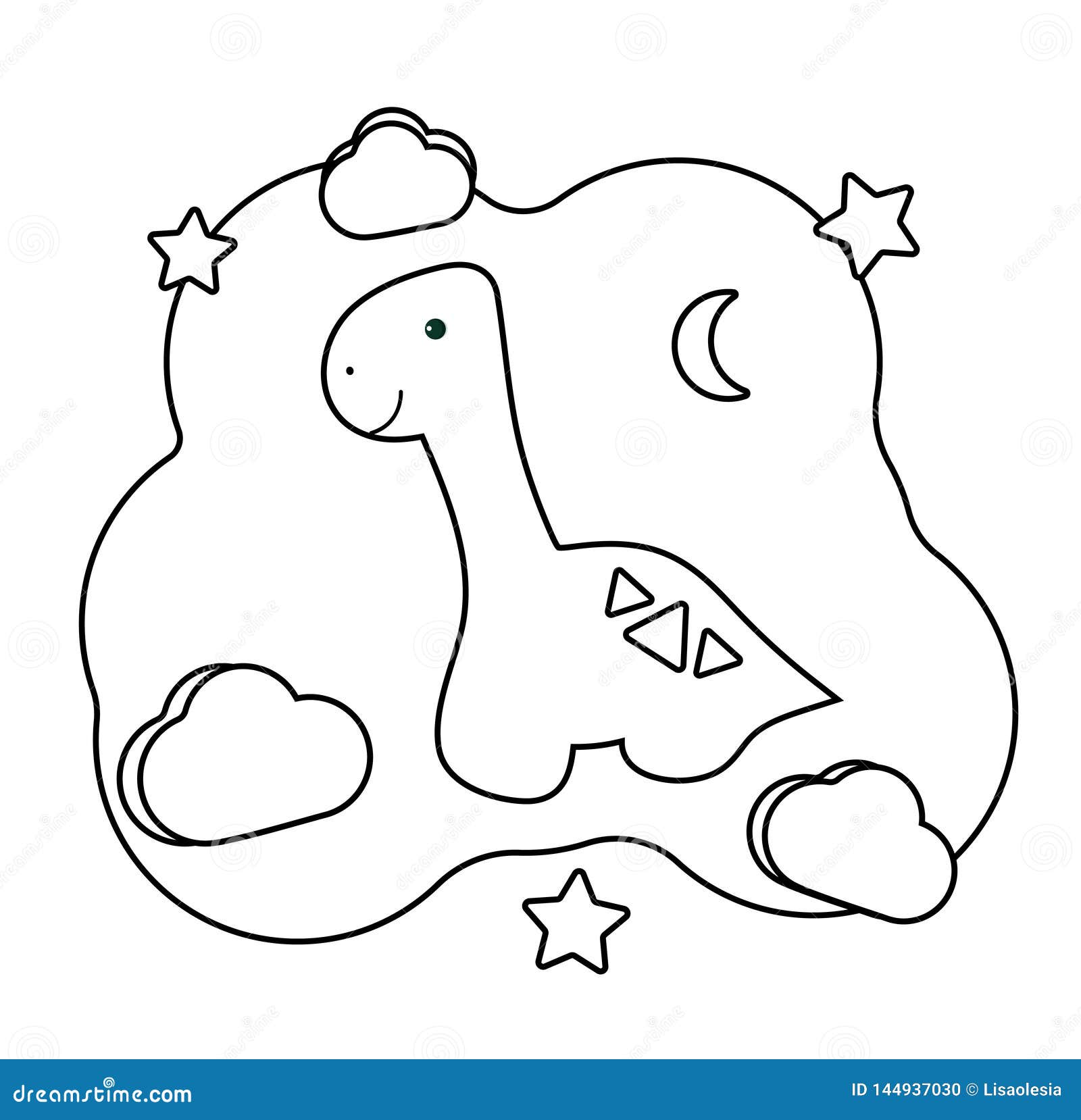 Cute dino coloring page with dinosaur printable game on thematic archeology cartoon character diplodocus moon stars clouds stock vector