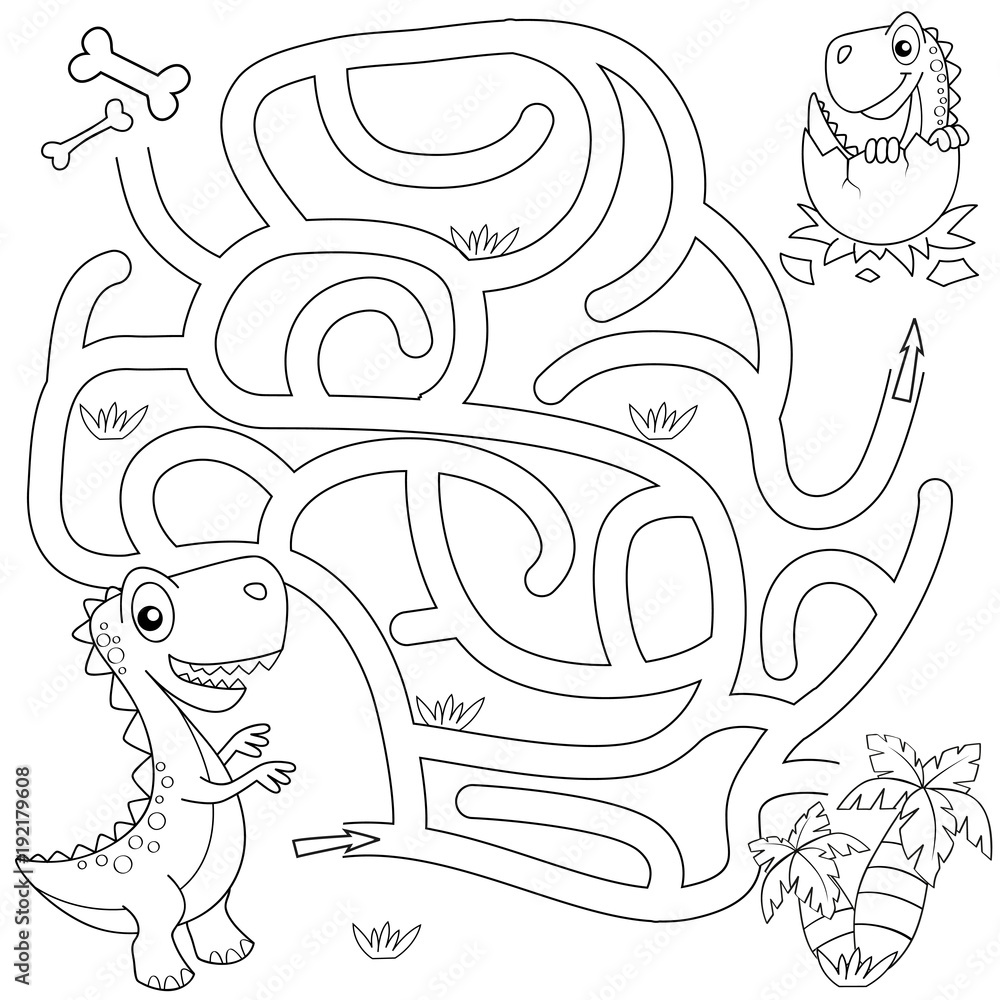 Help dinosaur find path to nest labyrinth maze game for kids black and white vector illustration for coloring boo vector