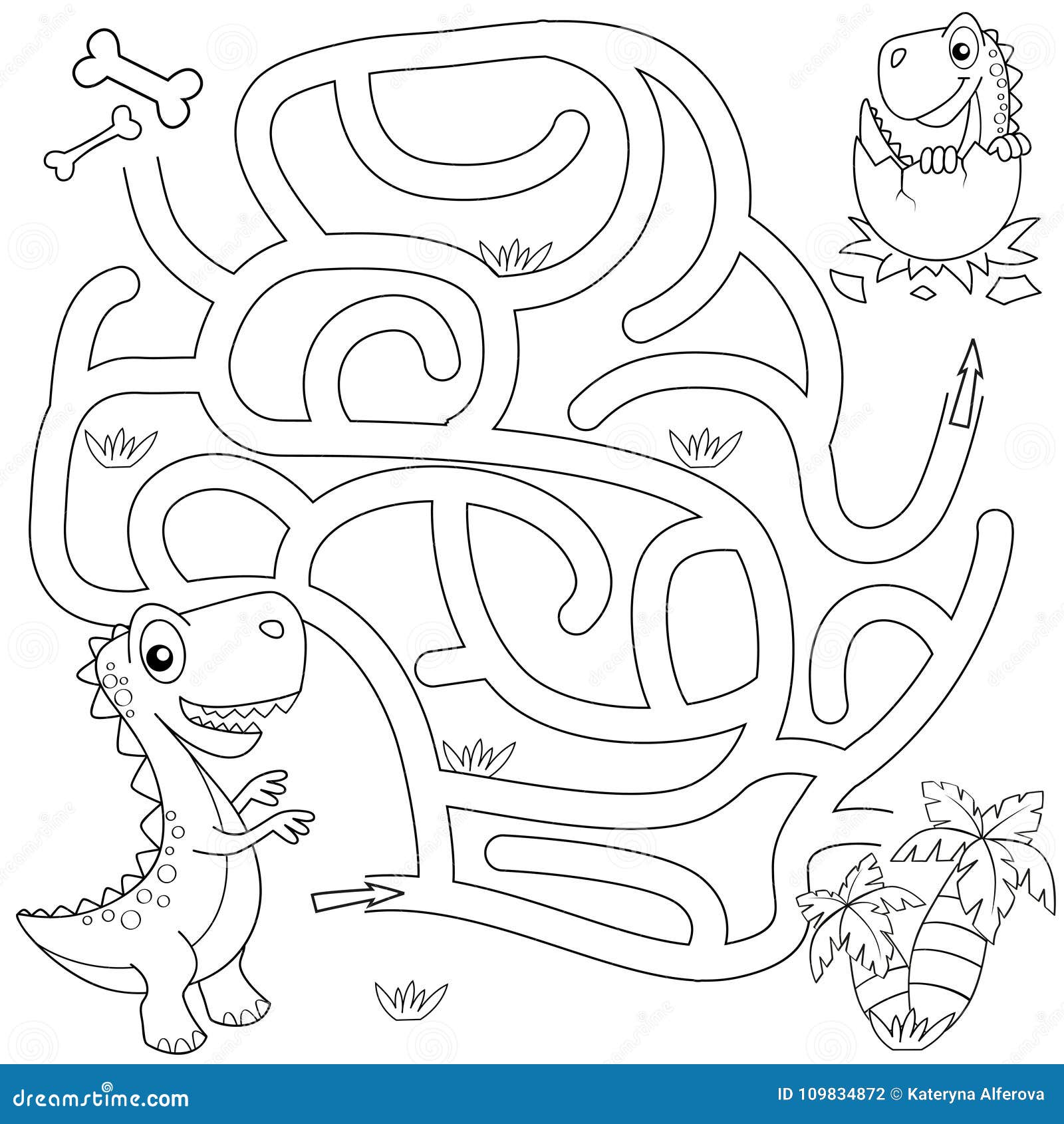 Help dinosaur find path to nest labyrinth maze game for kids stock vector