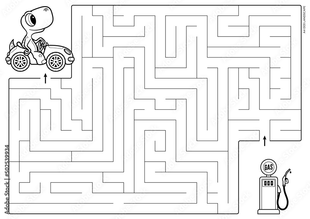 Vector black line printable maze format a coloring book educational maze with little dinosaur on car looking for a gas station landscape size vector