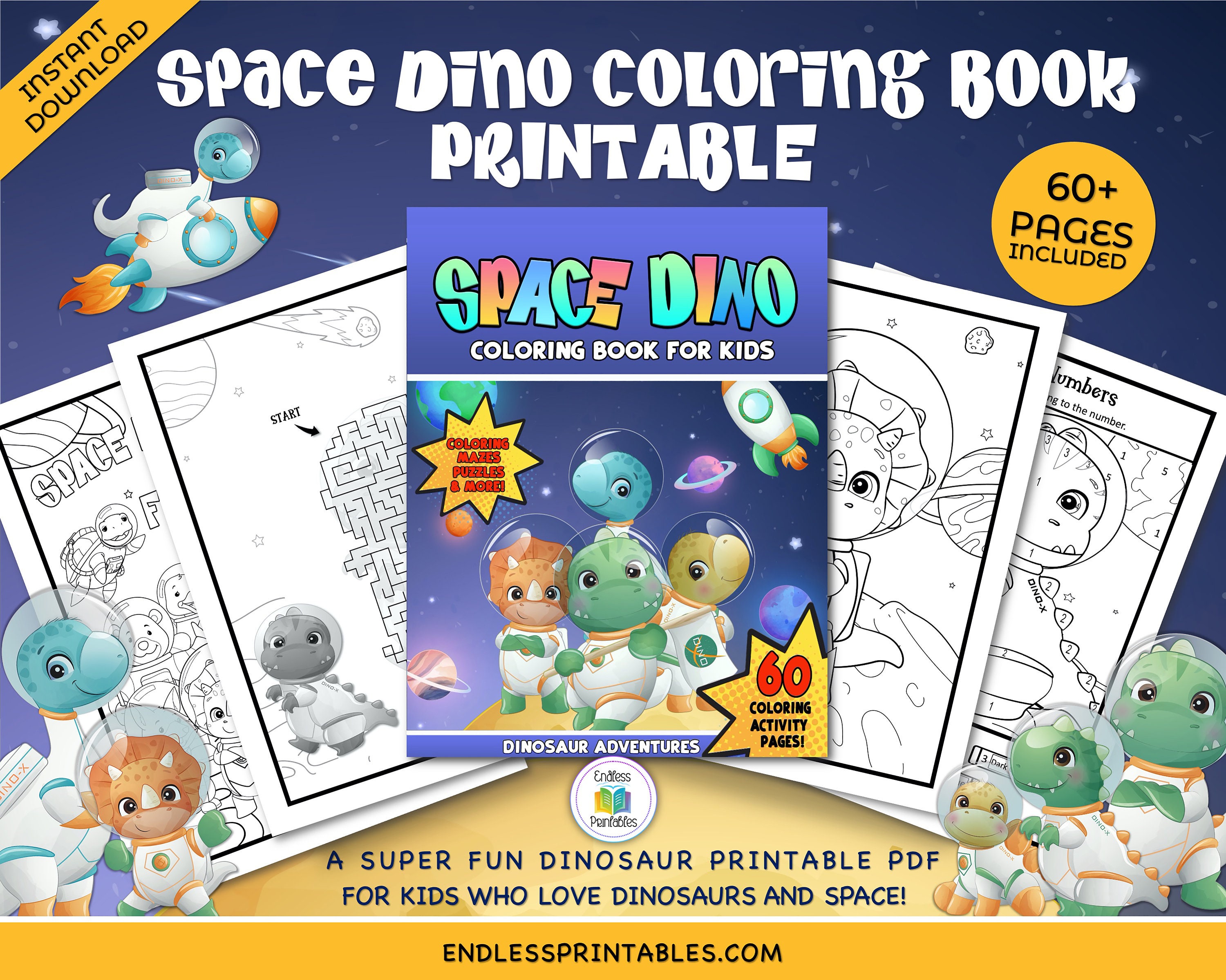 Space dino coloring book for kids printable dinosaur coloring pages cute dino activity sheets mazes color by number digital download