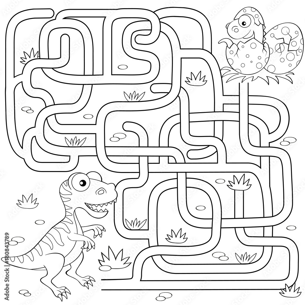 Help dinosaur find path to nest labyrinth maze game for kids black and white vector illustration for coloring book vector