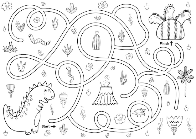 Premium vector black and white maze game for kids help the mother dinosaur find the way to her baby dinos printable labyrinth activity for children