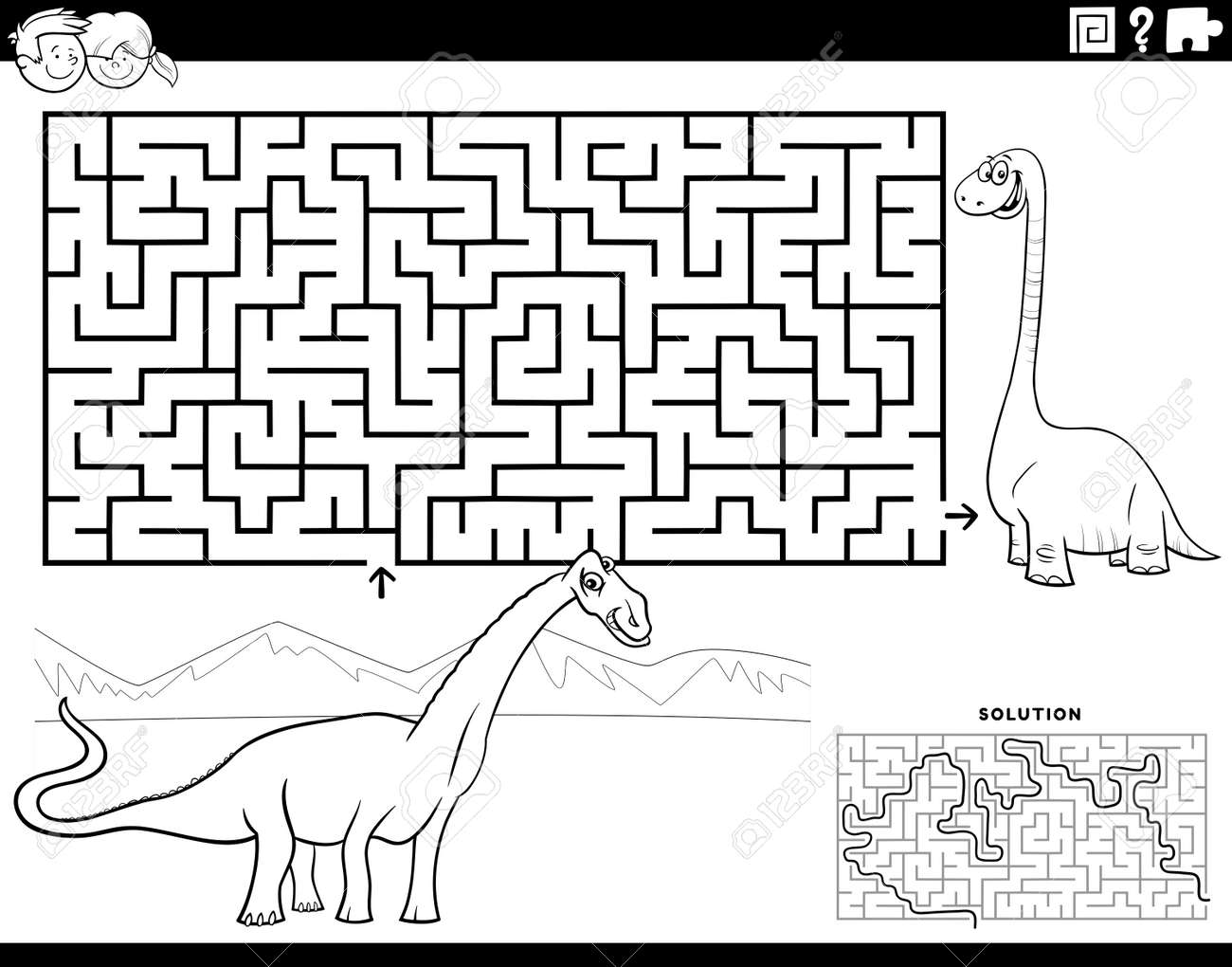 Black and white cartoon illustration of educational maze puzzle game for children with funny dinosaurs characters coloring book page royalty free svg cliparts vectors and stock illustration image