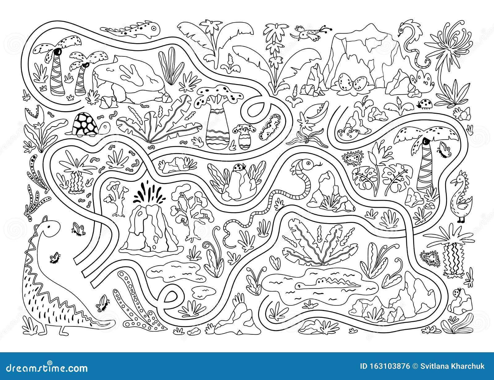 Coloring dino maze cool kids mini game for development black white illustration in a simple cartoon style help mom dinosaur stock illustration