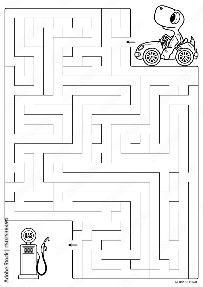 Vector black line printable maze format a coloring book educational maze with little dinosaur on car looking for a gas station vector