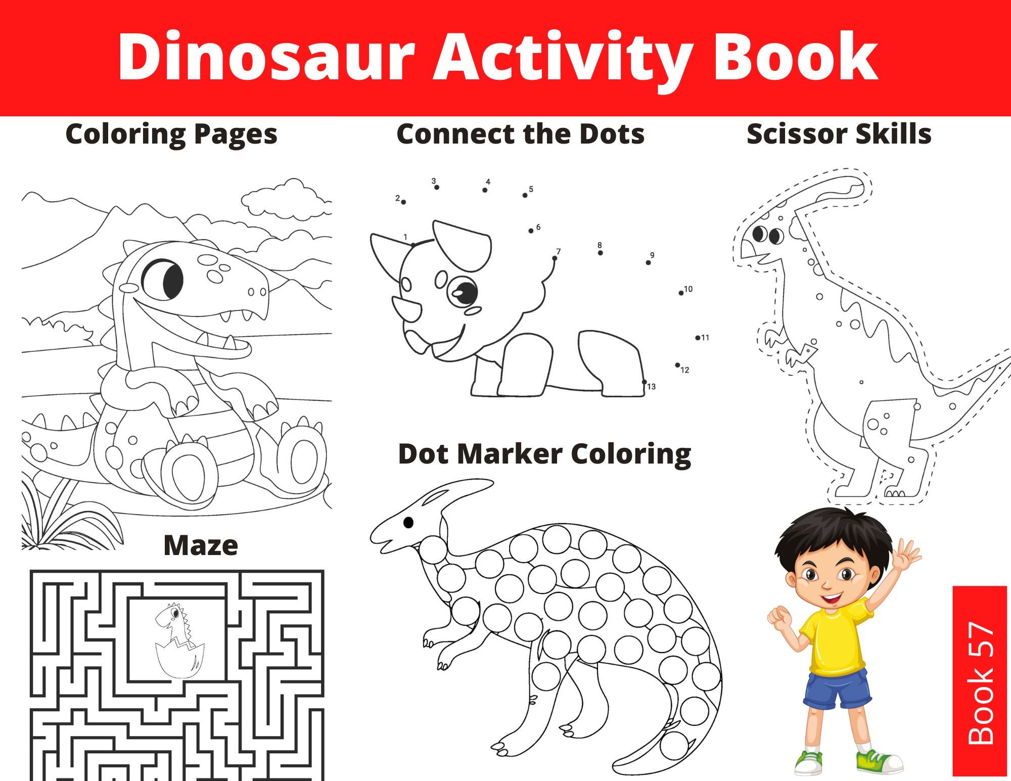 Dinosaur activity book for kids dinosaur coloring pages cut and paste scissor skills connect the dots with numbers dot marker coloring