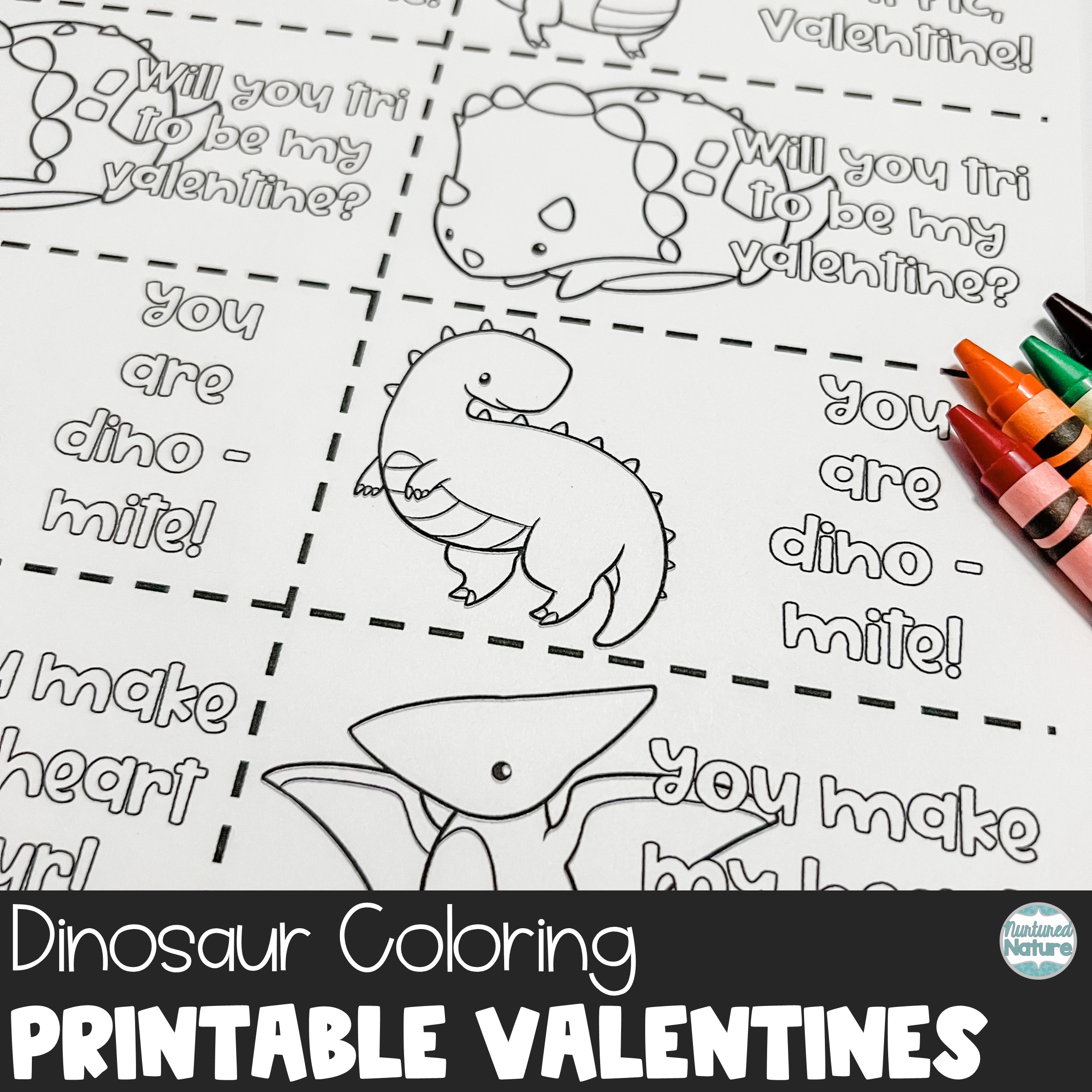 Dinosaur coloring valentines day cards printable made by teachers