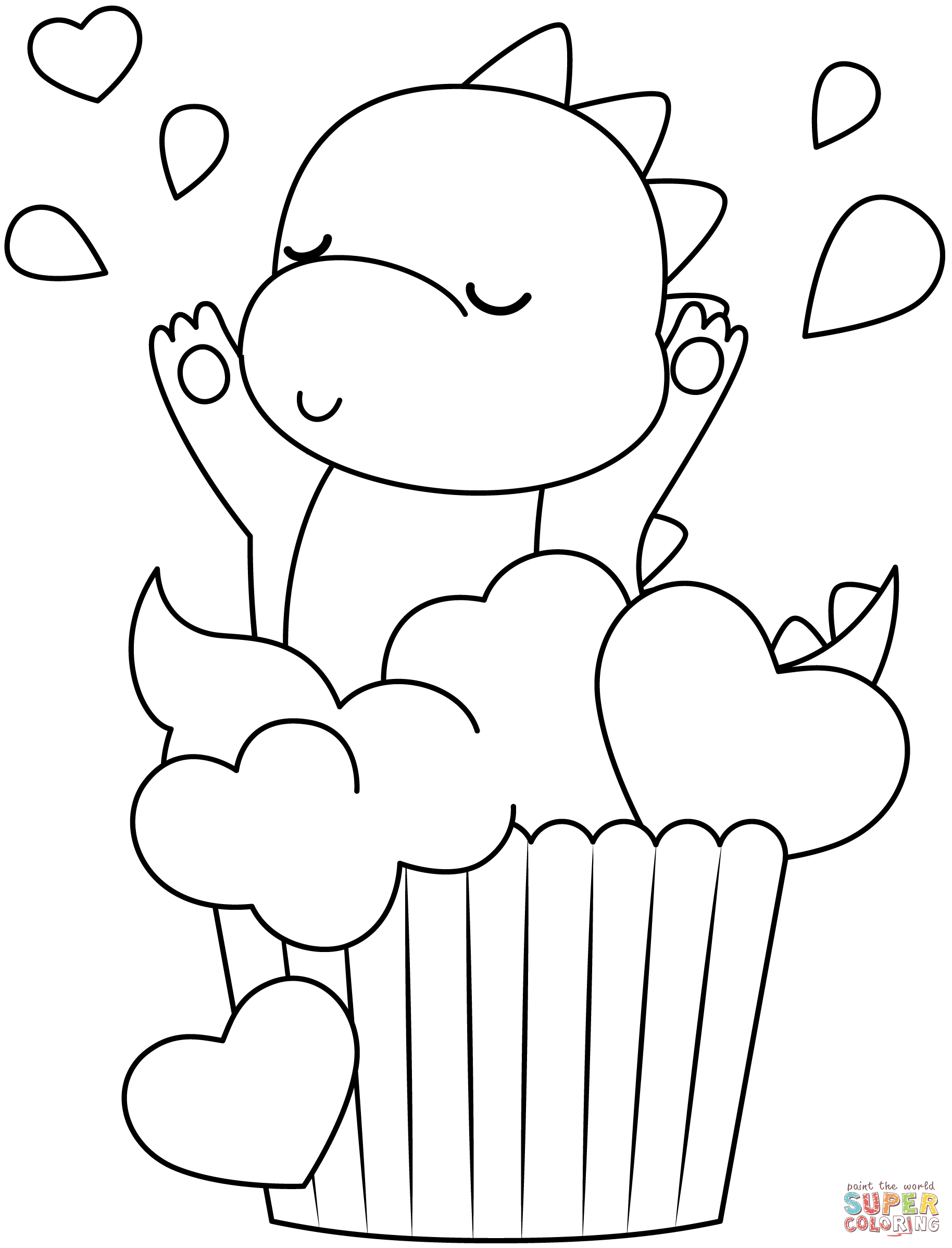 Kawaii dinosaur in cupcake coloring page free printable coloring pages